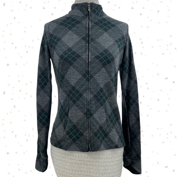 Ibex Merino Wool Zip Up Cardigan Light Sweater Top Grey Plaid Argyle Size S FLAW - Picture 1 of 11
